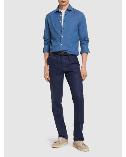 Pantalones de lino con cordón ajustable Kiton de hombre de color Blue