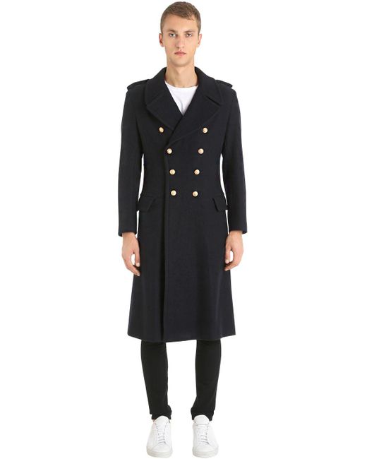 Kent & Curwen Blue Double Breasted Military Wool Coat for men