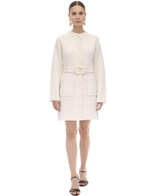 Gucci White Gg Belted Wool Knit Maxi Cardigan