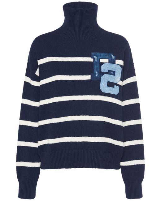 DSquared² Blue Striped Cotton Bouclé Turtleneck Sweater