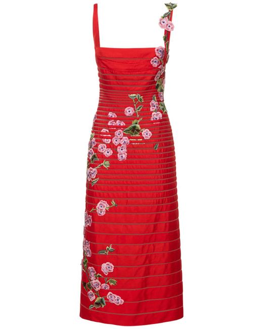 Oscar de la Renta Red Embroide Tech Midi Dress