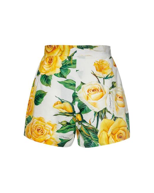 Dolce & Gabbana Yellow Cotton Poplin Rose Printed Shorts