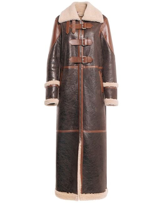 Blumarine Brown Leather Shearling Long Coat W/ Buckles