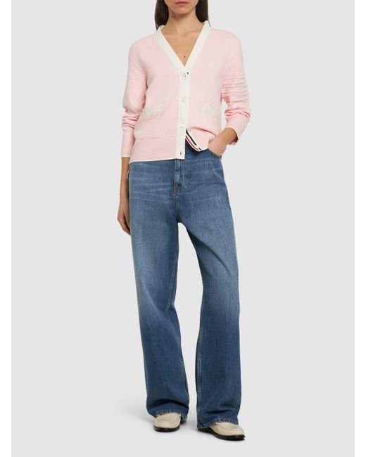 Thom Browne Pink Cotton Knit 4 Stripe Cardigan W/ Pockets