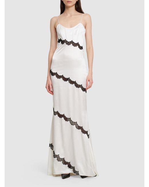 Alessandra Rich White Silk Satin Long Evening Dress W/ Lace