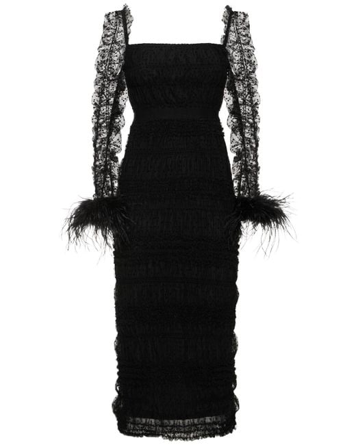 Self-Portrait Black Swiss Dot Tulle Midi Dress W/ Feathers