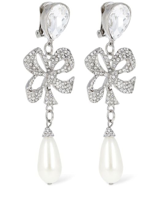 Alessandra Rich White Crystal Bow & Faux Pearl Earrings