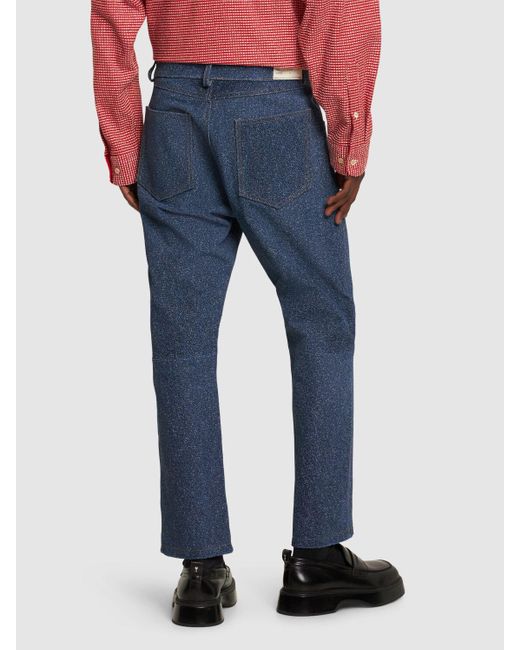 4SDESIGNS Blue Denim Effect Printed Leather Pants for men