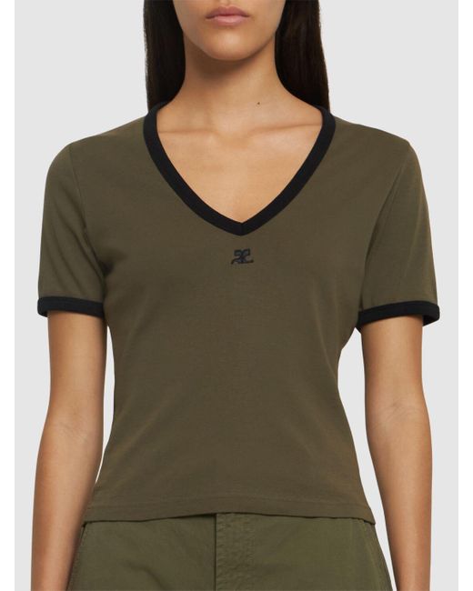 Contrast v-neck cotton t-shirt di Courreges in Green