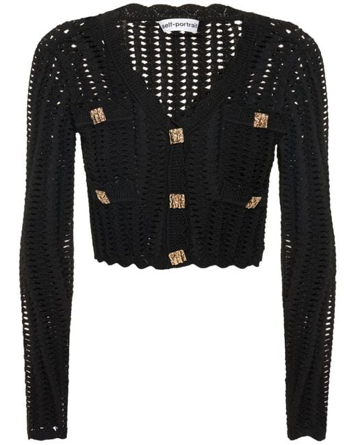 SelfPortrait Crochet Open Knit Viscose Blend Cardigan in Black Lyst