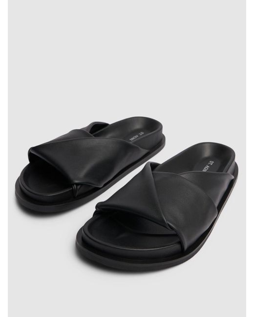 St. Agni Black 25mm Fold Detail Leather Slide Sandals