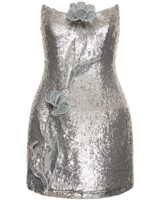 Oscar de la Renta Gray Sequined Flower Appliqué Mini Dress