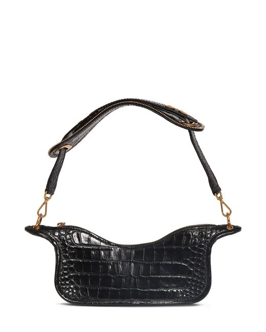 Balmain Black Blaze Croco Embossed Leather Zip Bag