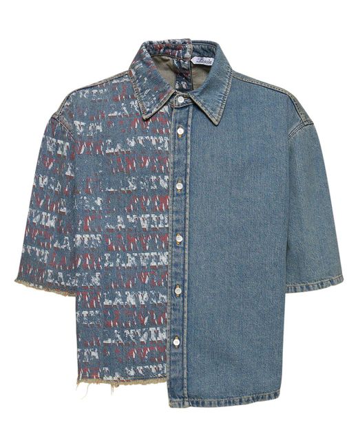 Lanvin Blue Asymmetric Denim Short Sleeve Shirt for men