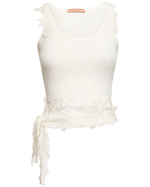 Ermanno Scervino White Jersey & Lace Cropped Top