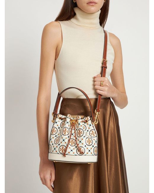 Tory Burch T Monogram Contrast Embossed Bucket Bag in White | Lyst Australia