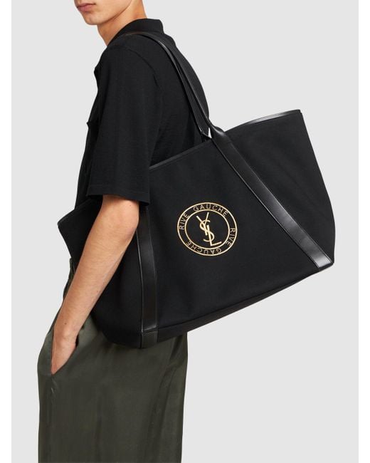 Saint Laurent Black Leather-trimmed Logo-embroidered Cotton-gabardine Tote Bag for men