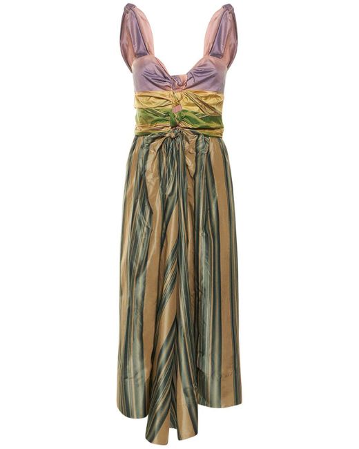 Rosie Assoulin Green Stripe Print Taffeta Bow Midi Dress
