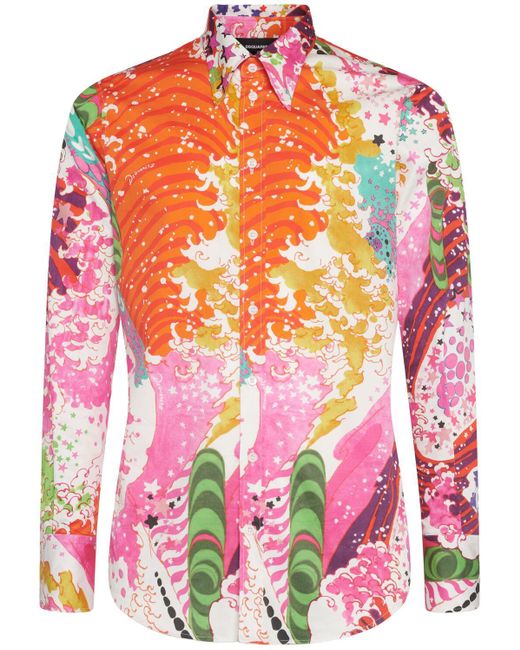 DSquared² Pink Printed Stretch Cotton Shirt for men