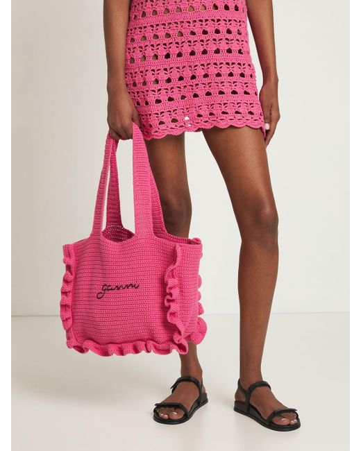 Ganni Cotton Crochet Ruffle Tote Bag in Pink | Lyst