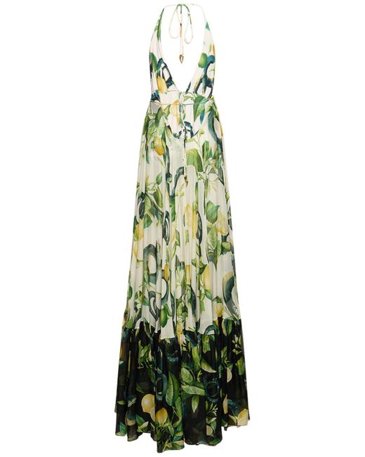 Roberto Cavalli Green Printed Silk Chiffon Self-Tie Maxi Dress