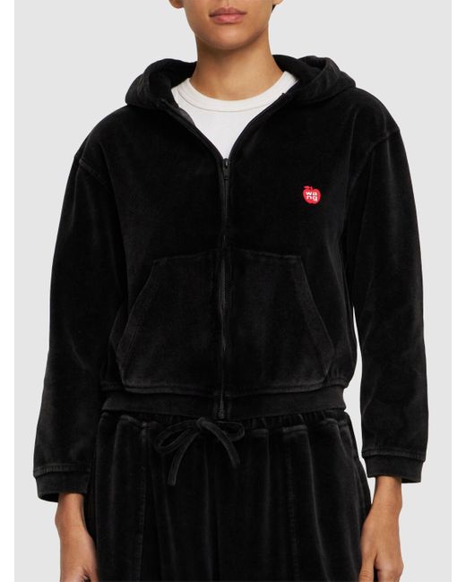 Alexander Wang Black Cropped Zip Up Cotton Hoodie W/ Logo