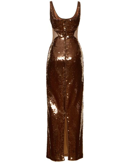 Alberta Ferretti Brown Sequined Satin Long Tank Dress
