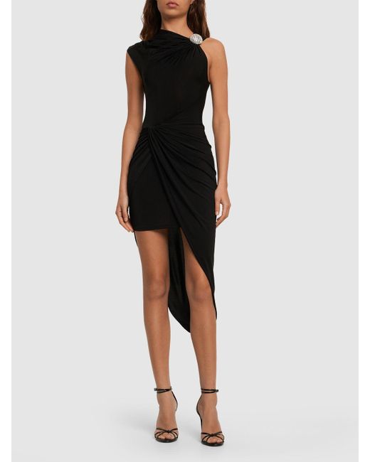 David Koma Black Asymmetric Ruched Crystal-embellished Stretch-jersey Dress