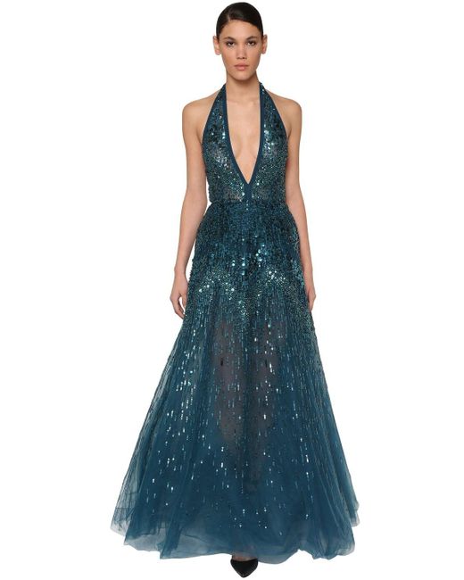 Elie Saab Blue Sequin & Beads Embellished Tulle Dress