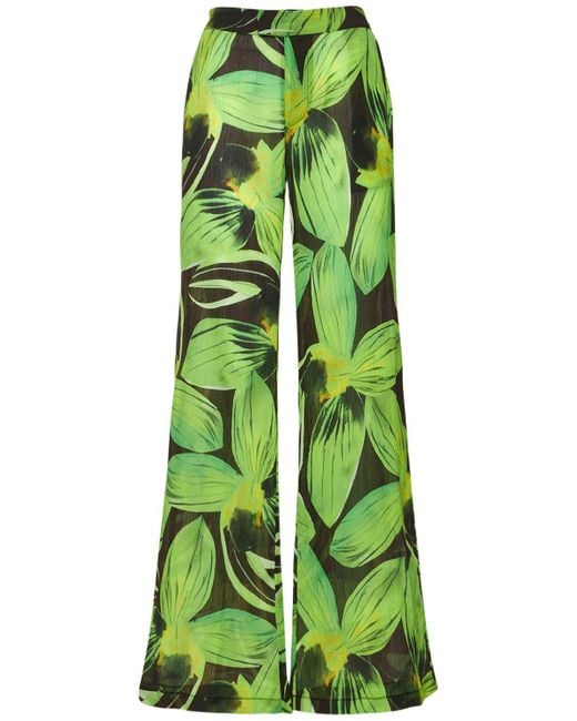 Louisa Ballou Green Wide Leg Printed Creponne Pants