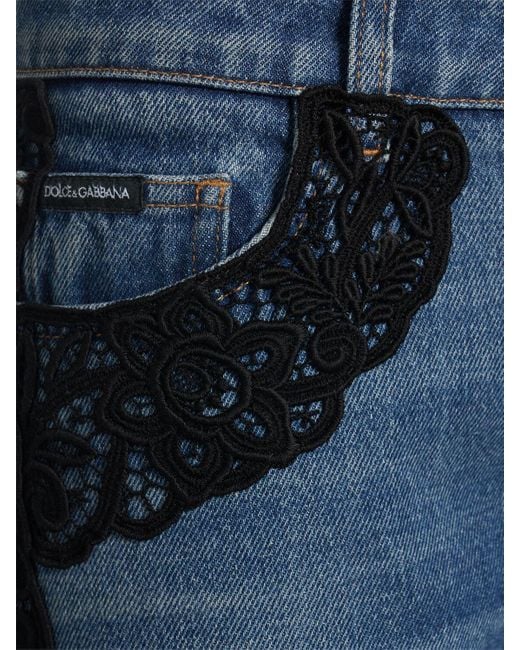 Mujer Jeans De Algodón Con Cintura Alta Y Encaje Dolce & Gabbana de color Blue