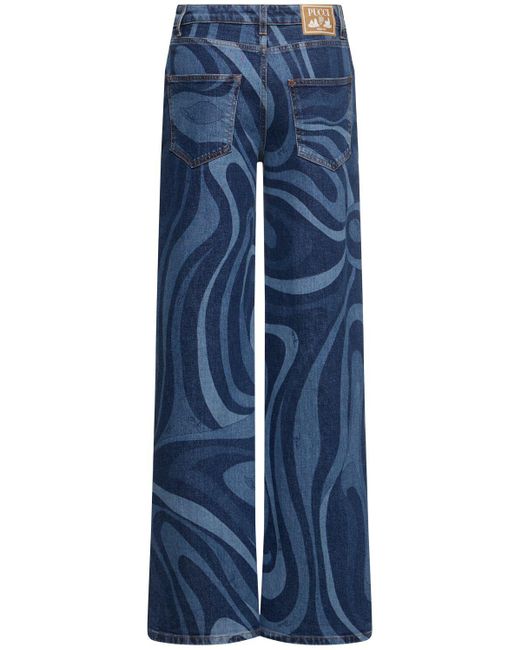Jeans larghi vita media in denim stampato di Emilio Pucci in Blue