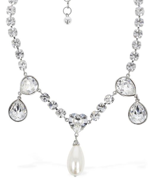 Alessandra Rich White Necklace W/ Crystal & Faux Pearl Drops