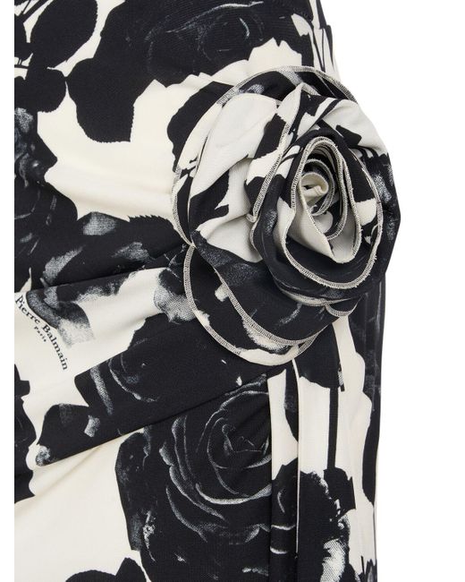 Balmain Black Draped Rose Print Mini Dress