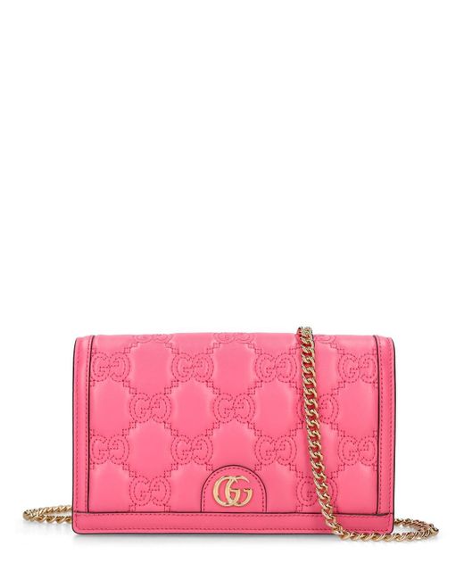 Gucci Pink Leder-brieftasche Mit Kette "gg"