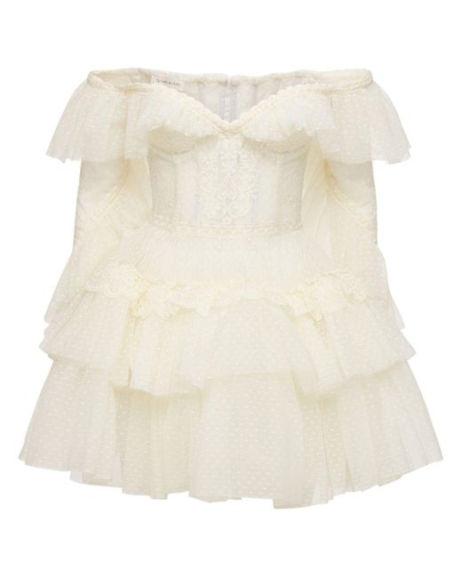 Zuhair Murad White Lace & Tulle Off-the-shoulder Mini Dress