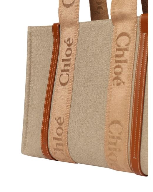 Chloé Natural Woody Embroidered Linen Tote Bag