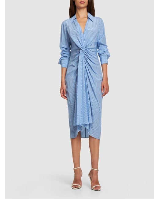 Michael Kors Blue Gathered Silk Crepe Shirt Dress