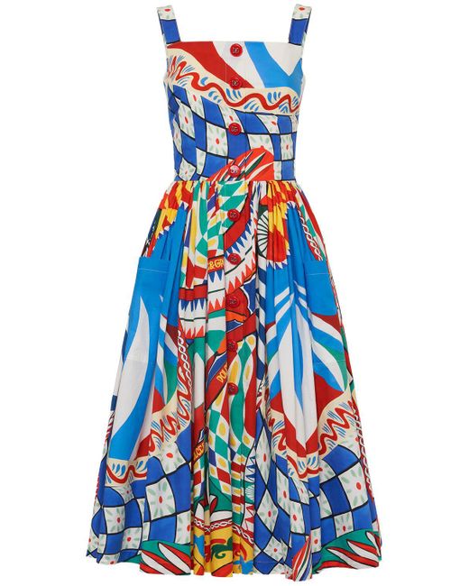 Dolce & Gabbana Blue Carretto Print Cotton Poplin Midi Dress