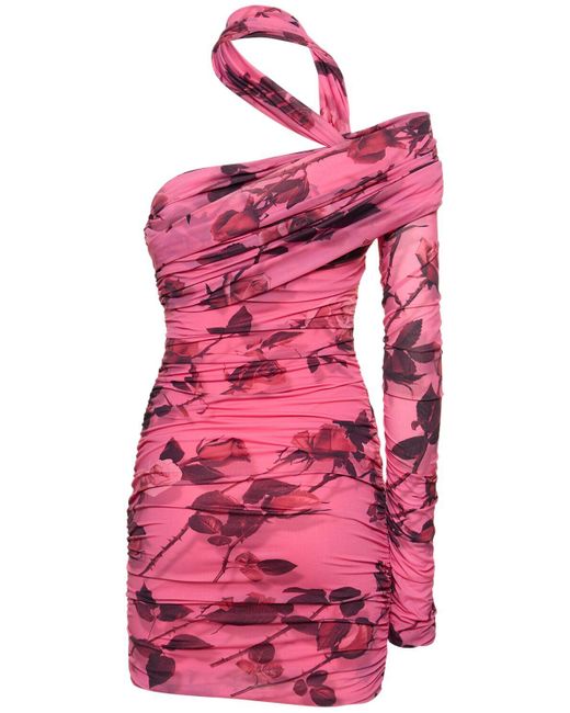 Blumarine Pink Rose Print Tech Jersey Mini Dress