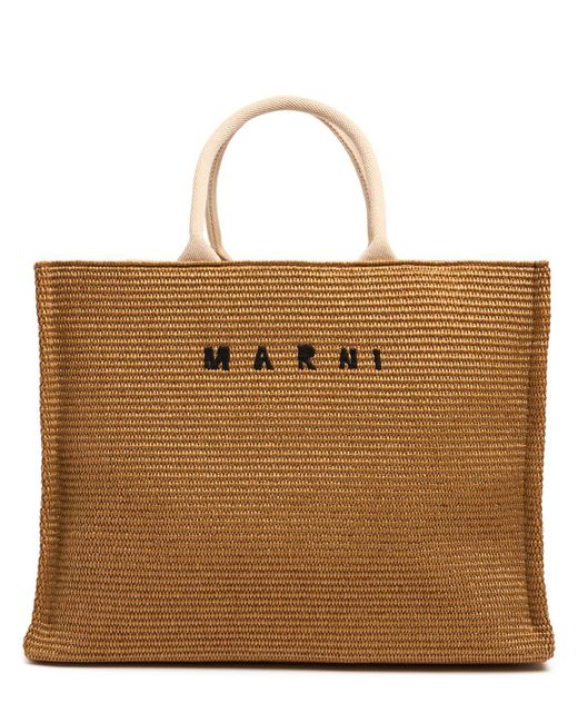 Bolso tote grande efecto rafia con logo Marni de color Natural