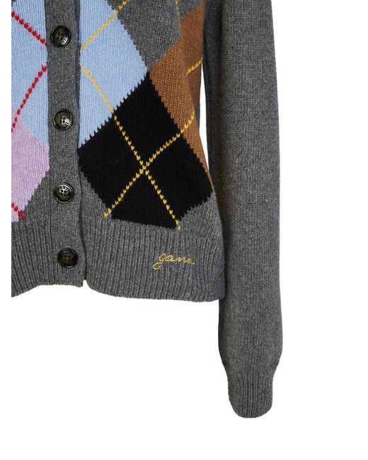 Ganni Gray Harlequin Wool Mix Knit Cardigan