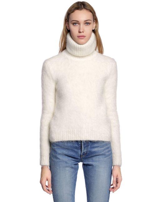 Saint Laurent White Mohair & Wool Knit Turtleneck Sweater