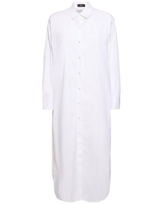 Theory White Cotton Blend Poplin Midi Shirt Dress