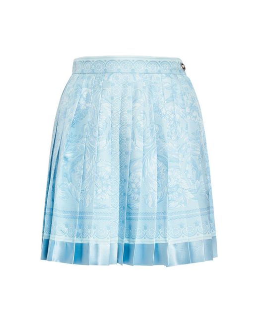 Versace Blue Barocco Print Pleated Silk Mini Skirt