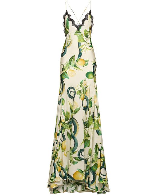 Roberto Cavalli Green Printed Silk Twill Crisscross Maxi Dress