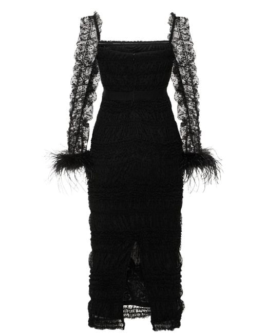 Self-Portrait Black Swiss Dot Tulle Midi Dress W/ Feathers