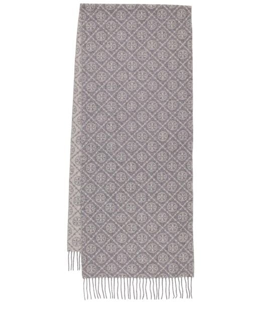Tory Burch Gray T Oblong Monogram Wool & Cashmere Scarf Unique