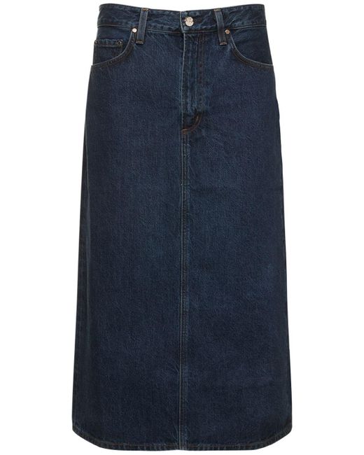 Goldsign The Low Slung Cotton Denim Midi Skirt in Blue | Lyst