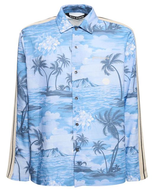 Palm Angels Blue Sunset Linen Blend Track Shirt for men
